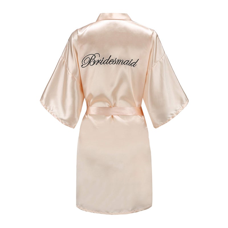 EPLAZA Women's One Size Silver Rhinestones Bride Bridesmaid Short Satin Robes for Wedding Party Getting Ready (X (Champagne - Bridesmaid in Black), Word Embroidery) - Image 1